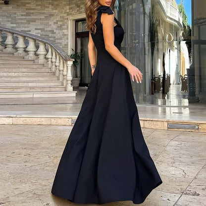 Elegante vestido de noche de mujer con drapeado y bajo amplio, estilo veraniego, escote en V, abertura alta, vestido largo de fiesta sin mangas, colección 2025.