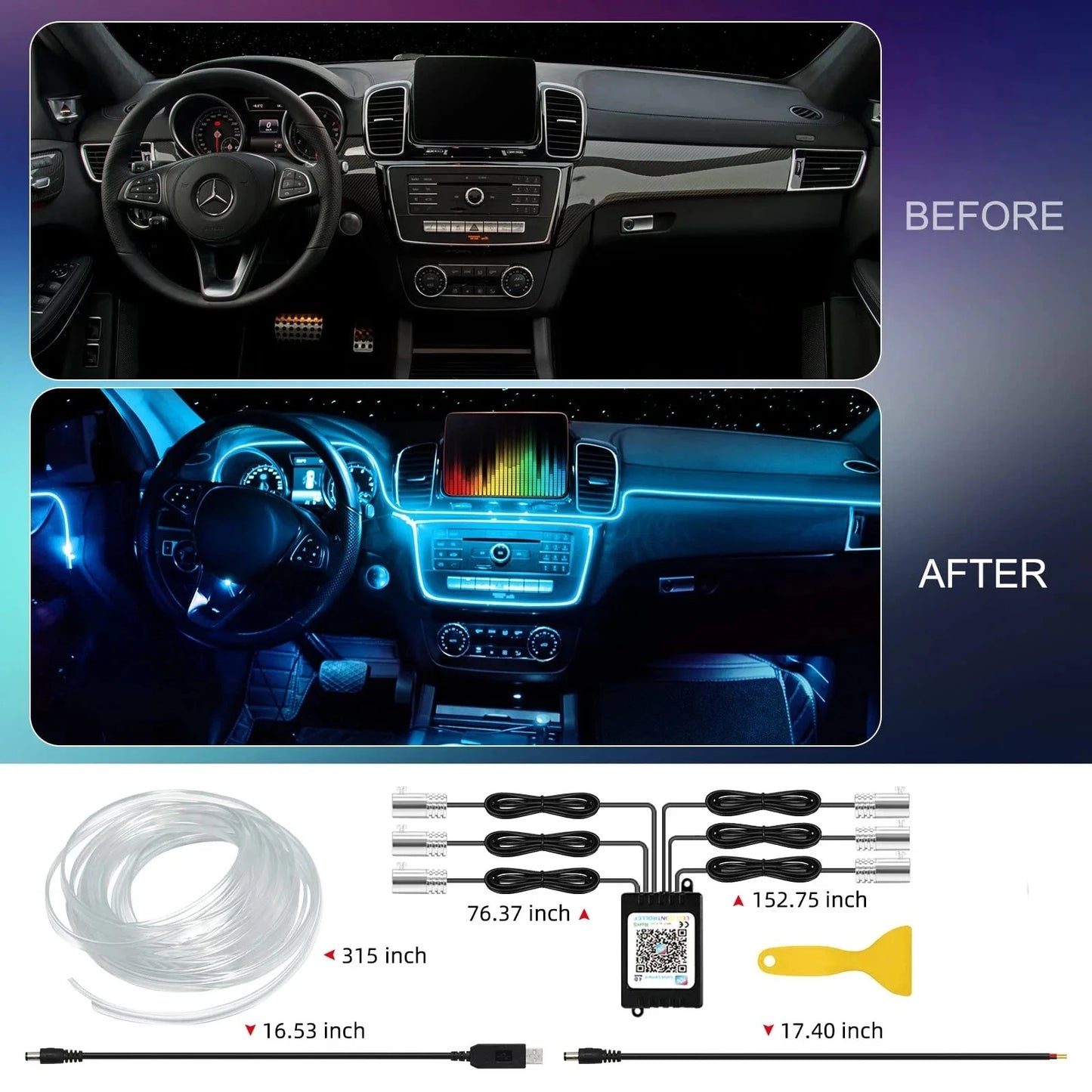 Tira de luces LED para ambiente interior de coche, RGB, fibra óptica, iluminación de neón con control remoto por aplicación, lámparas decorativas para coche