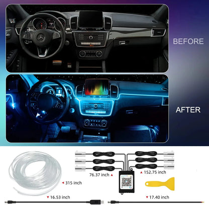 Tira de luces LED para ambiente interior de coche, RGB, fibra óptica, iluminación de neón con control remoto por aplicación, lámparas decorativas para coche