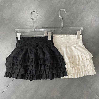 Minifaldas con volantes para mujer, estilo kawaii, de cintura alta, con encaje, estilo coreano, color negro, para verano