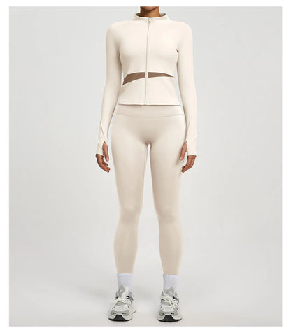 Conjuntos de yoga con contraste de colores para mujer, chaqueta deportiva de manga larga sin costuras con cremallera, leggings adelgazantes de cintura alta, chándal de fitness