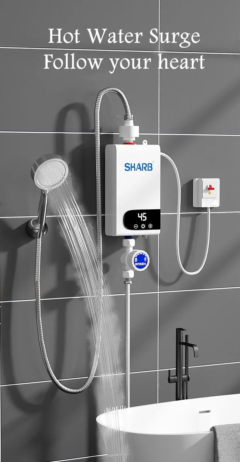 Calentador de agua eléctrico instantáneo sin tanque con temperatura constante y pantalla digital. Calentador de agua a demanda.