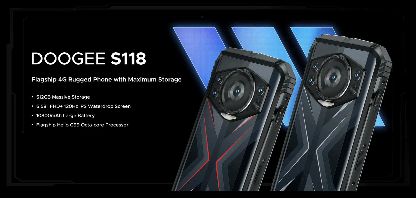 Smartphone robusto DOOGEE S118 de 8 GB y 512 GB, pantalla FHD+ de 6,58", Helio G99, cámara IA de 50 MP, 10800 mAh, Android 14, NFC, 4G.