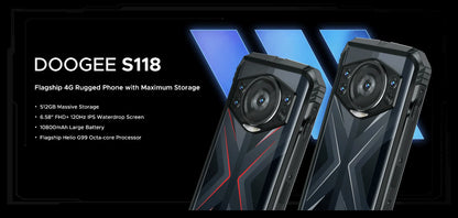 Smartphone robusto DOOGEE S118 de 8 GB y 512 GB, pantalla FHD+ de 6,58", Helio G99, cámara IA de 50 MP, 10800 mAh, Android 14, NFC, 4G.