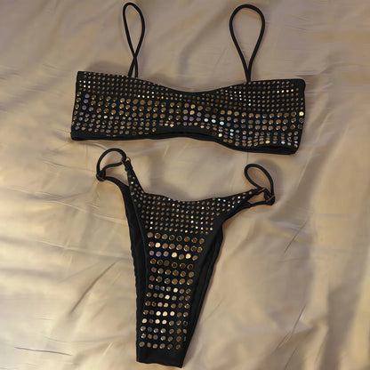 Bikini de diamantes 2025, bañador sexy para mujer, bikini bandeau con efecto push up, bañador femenino brillante, traje de baño floral, ropa de playa