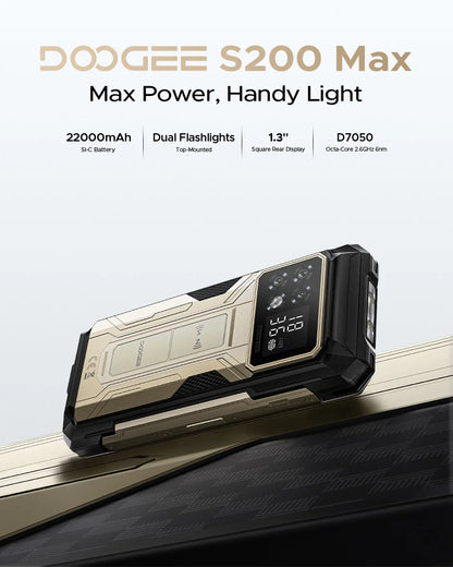 Teléfono resistente DOOGEE S200 Max, 16 GB + 512 GB, batería de 22000 mAh, procesador Dimensity 7050, pantalla de 6,72" a 120 Hz, pantalla trasera de 1,32", linterna dual.