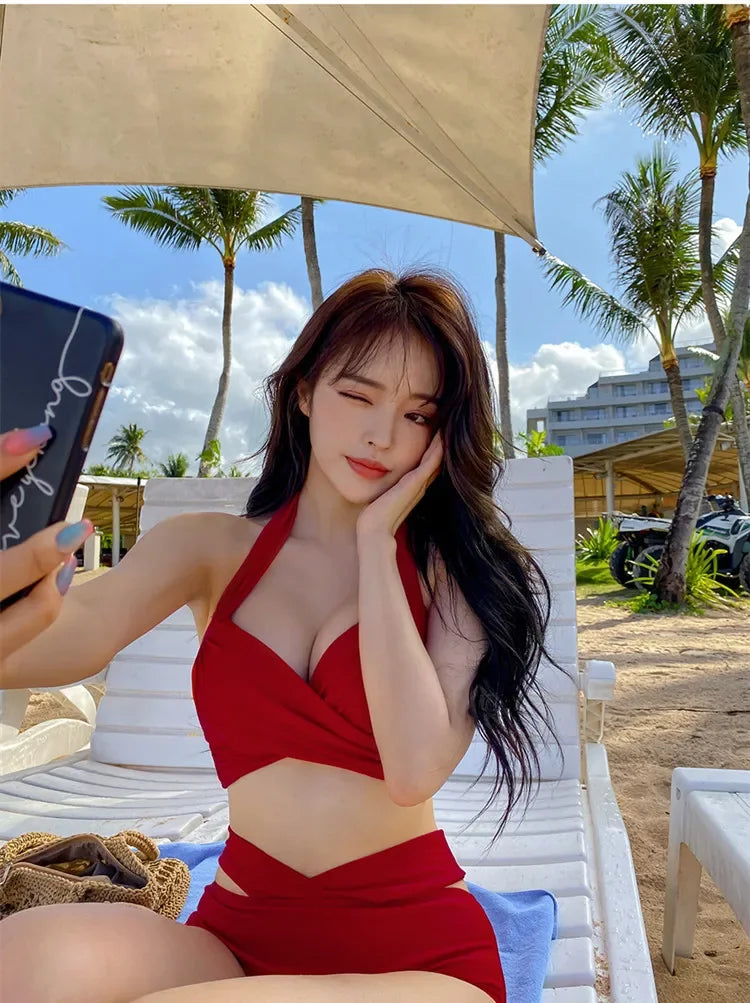 Bikinis sexys 2024, trajes de baño para mujer, traje de baño femenino de cintura alta, trajes de baño rojos push up, conjunto de bikini coreano para niñas, ropa de playa, bañista