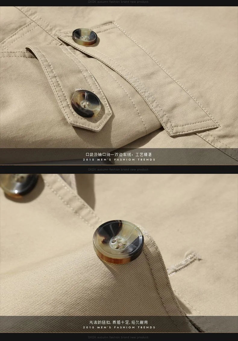 Cortavientos de negocios para hombre, estilo otoño-invierno, corte holgado, largo, color liso, informal, de algodón, con cuello vuelto.