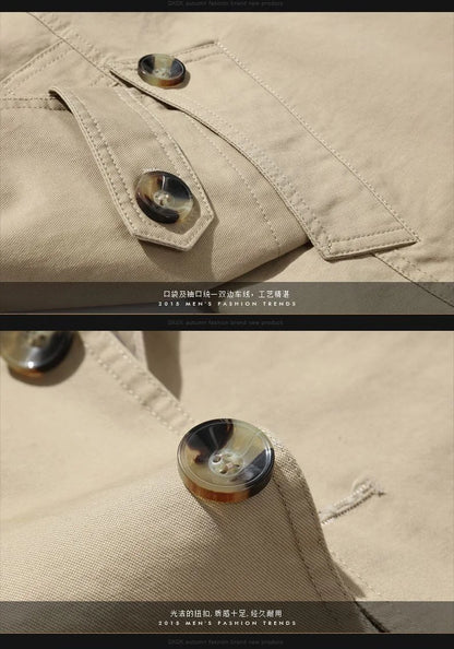 Cortavientos de negocios para hombre, estilo otoño-invierno, corte holgado, largo, color liso, informal, de algodón, con cuello vuelto.