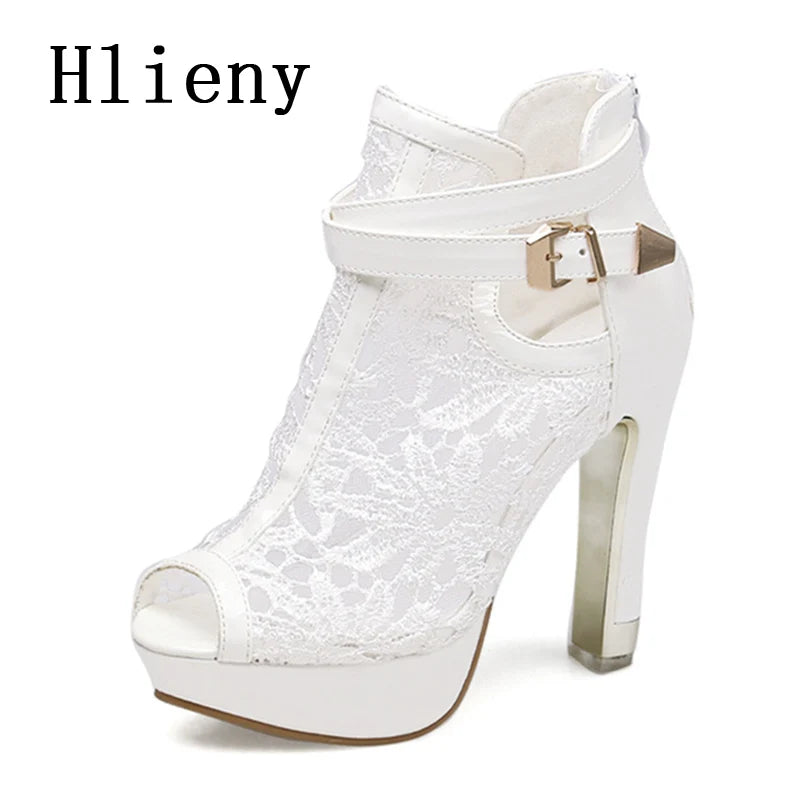 Hlieny Otoño Sexy Tela de Malla Plataforma Tacones Altos Botas Sandalias Mujer Peep Toe Club Nocturno Fiesta Stiletto Zapatos Femeninos