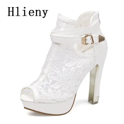 Hlieny Otoño Sexy Tela de Malla Plataforma Tacones Altos Botas Sandalias Mujer Peep Toe Club Nocturno Fiesta Stiletto Zapatos Femeninos