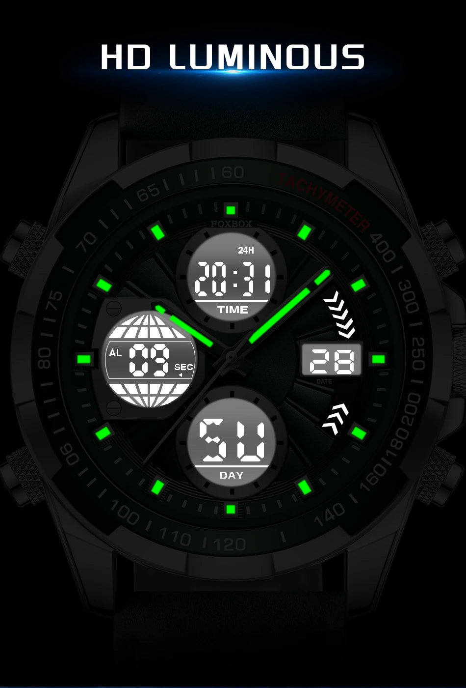 FOXBOX - Reloj de lujo para hombre, de marca superior, con alarma LED, de cuarzo, de cuero, resistente al agua, luminoso