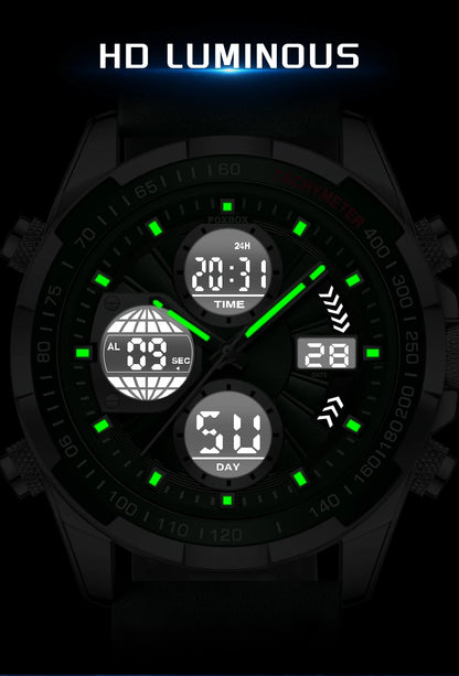 FOXBOX - Reloj de lujo para hombre, de marca superior, con alarma LED, de cuarzo, de cuero, resistente al agua, luminoso