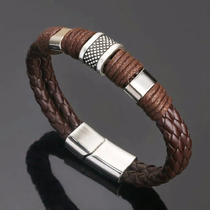 Pulseras vintage de cuero marrón para hombre, brazalete de cuerda trenzada multicapa de acero inoxidable, regalo para marido.
