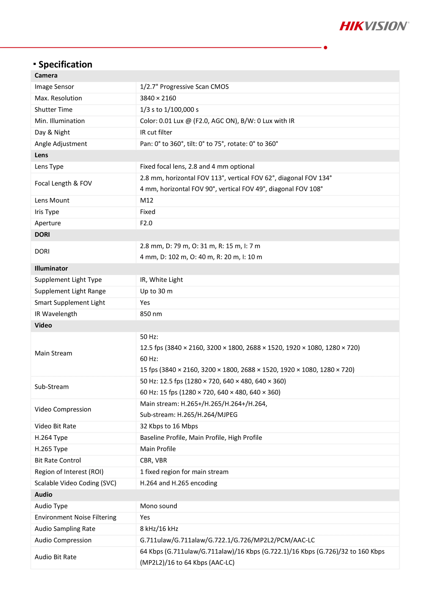 Cámara IP Hikvision ColorVu Smart Hybrid Light DS-2CD1383G2-LIU 4K 8MP con doble luz blanca y micrófono integrado.