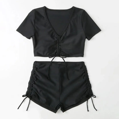 2Pcs/Set Swimsuit for Women Bikini Set V-Neck Short Sleeve Tops High Waist Drawstring Swimming Trunks Quick Drying Swimsuit