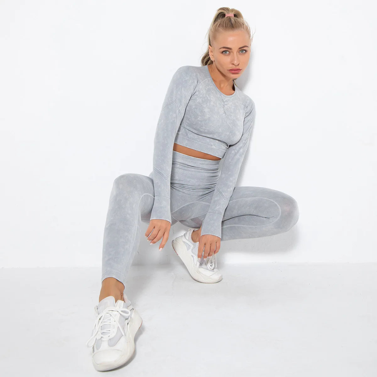 Conjunto de gimnasio con top corto sin costuras para mujer, conjunto de entrenamiento de yoga, ropa deportiva, leggings push up, chándal