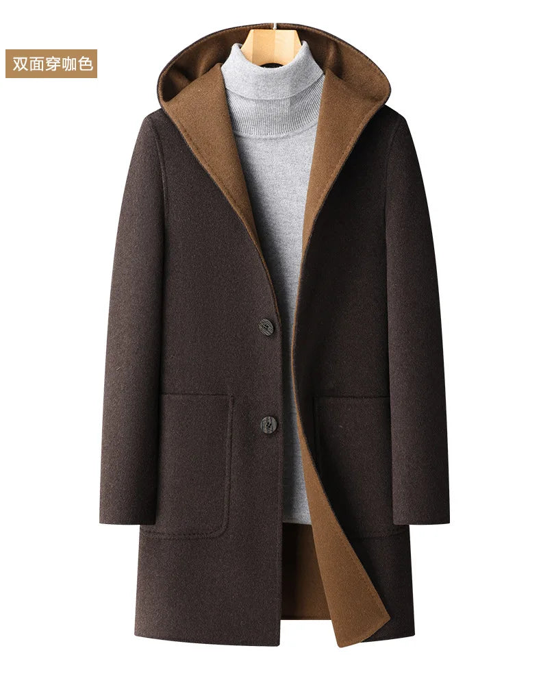 Gabardina de lana de doble faz de lujo y máxima calidad para hombre, estilo otoño-invierno, de largo medio y con capucha.
