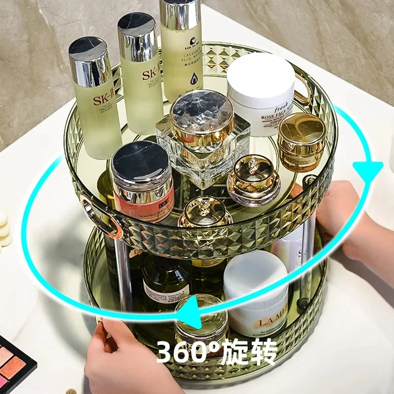 Organizador giratorio de 360 grados para especias, bebidas y cosméticos, transparente, de PET, para cocina y baño.