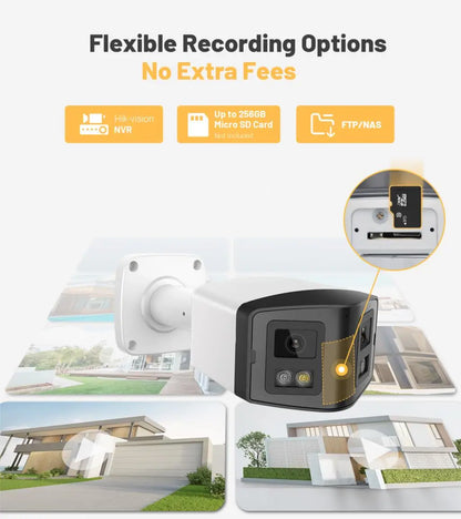 Cámara panorámica de doble luz de 4 MP y 8 MP con PoE, micrófono y altavoz integrados, detección humana, visión nocturna a color y sistema de vigilancia compatible con Hikvision.