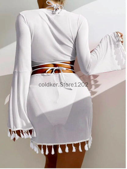 4 Piece Swimming Suit Women Beach Wear Solid Tassel Cover Up Mesh Mini Skirt Bikinis Set Cute Swimming Pool Outfit Summer