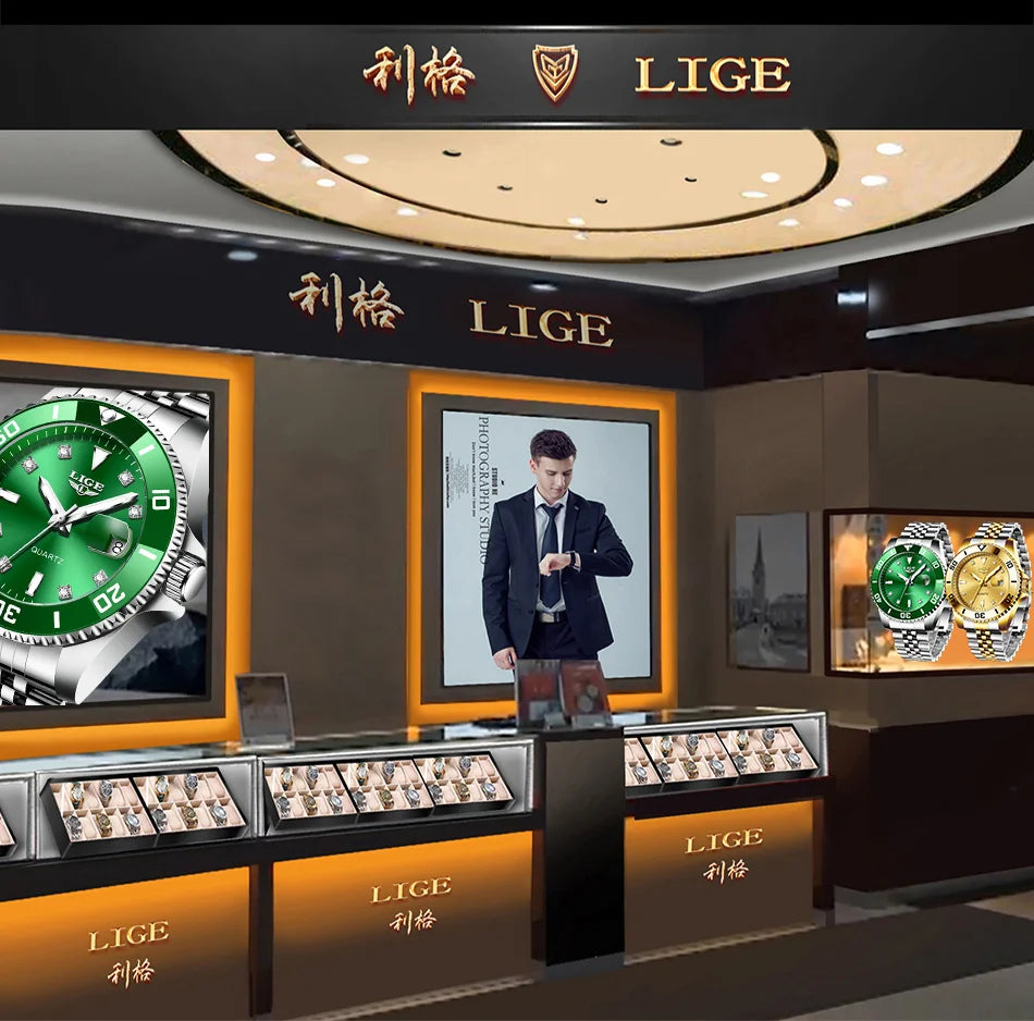 Reloj de lujo LIGE para hombre, reloj de cuarzo con esfera engastada de diamantes, resistente al agua, calendario, mariposa, doble cierre, acero inoxidable.