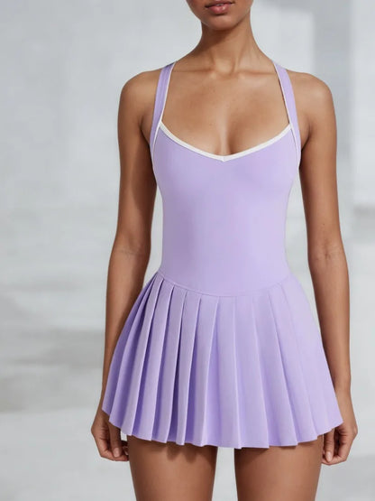 Vestido de yoga de una pieza para mujer con almohadillas para el pecho, falda plisada con bloques de color, alta elasticidad, secado rápido, antiexposición, falda de tenis y golf.