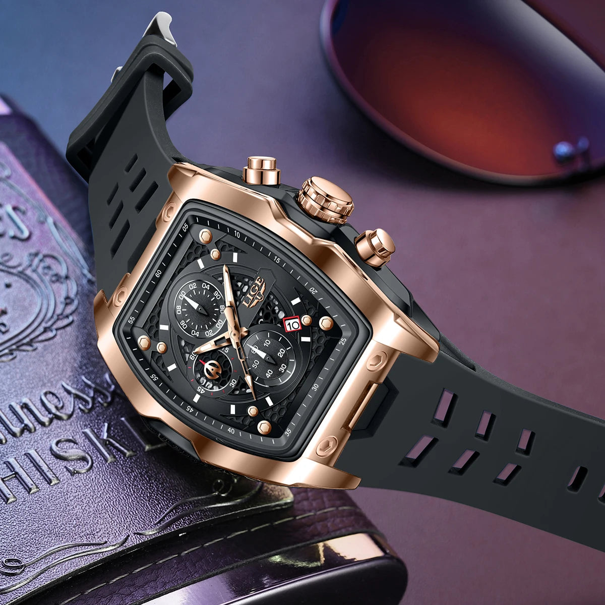 Reloj de negocios LIGE para hombre, resistente al agua, luminoso, cronógrafo, fecha, movimiento de cuarzo, correa de silicona, reloj de pulsera para hombre + caja