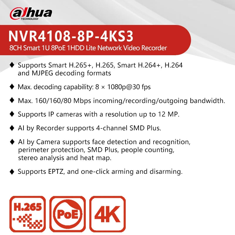 NVR Dahua Lite de 4/8 canales, 1U, 4/8 PoE, 1 HDD. Compatible con cámaras SMD de 12 MP, detección de movimiento y SATA hasta 20 TB. Modelos: NVR4104-P-4KS3 y NVR4108-8P-4KS3.