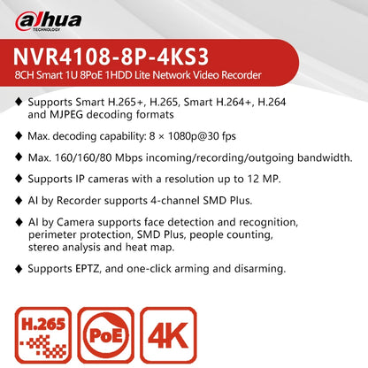 NVR Dahua Lite de 4/8 canales, 1U, 4/8 PoE, 1 HDD. Compatible con cámaras SMD de 12 MP, detección de movimiento y SATA hasta 20 TB. Modelos: NVR4104-P-4KS3 y NVR4108-8P-4KS3.