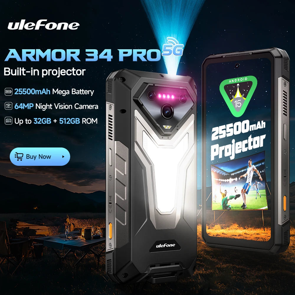 【Estreno mundial】Ulefone Armor 34 Pro 5G, teléfono resistente con IA, batería de 25500 mAh, hasta 32 GB + 512 GB, proyector integrado, pantalla de 6,95" a 120 Hz, NFC.