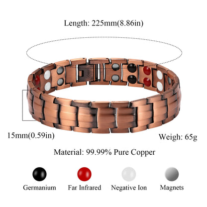 Pulseras magnéticas de cobre de alta resistencia para hombre con imanes de neodimio de doble fila, tamaño ajustable, ideal como regalo para parejas.