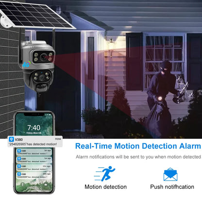 Cámara IP de seguridad V380 de doble lente, 4G, con detección humana PIR solar, visión nocturna, resistente al agua, 8MP, 4K, monitor CCTV con batería