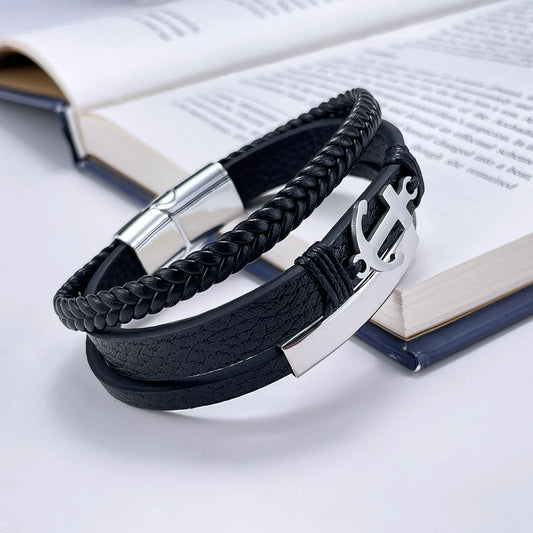 Pulsera de cuero para hombre. Pulsera de cuero trenzado multicapa versátil con forma de ancla retro, adecuada para regalos de hombre.
