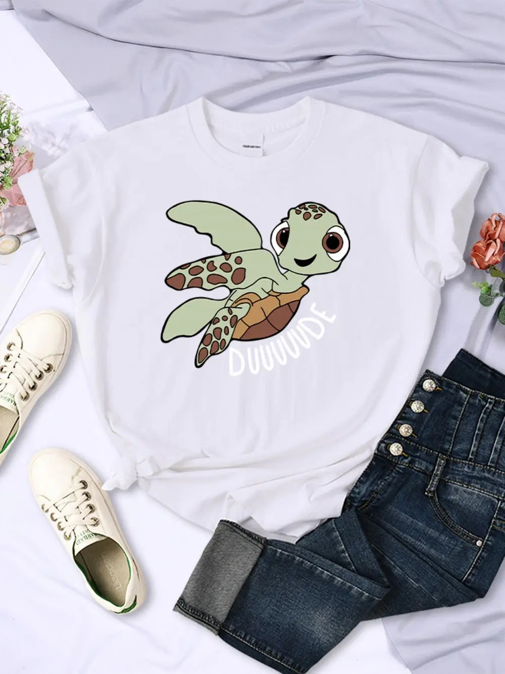 Camisetas sencillas para mujer, con estampado de letras de tortuga de dibujos animados, camisetas cómodas y suaves con cuello redondo, ropa informal de verano para mujer