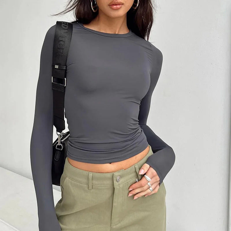 Camiseta rosa Y2K de primavera y otoño 2025 para mujer, tops casuales de manga larga, tops de cuello redondo, camisetas básicas, camisetas ajustadas.