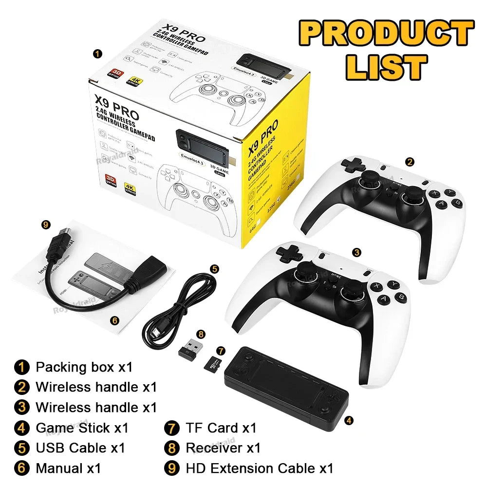 Consola de videojuegos X9 PRO GameStick 4K HD para TV, 128 GB, 256 GB, juegos 3D para PSP/PS1/N64/NDS, más de 40 simuladores, juegos retro, controlador dual de 2,4 GB