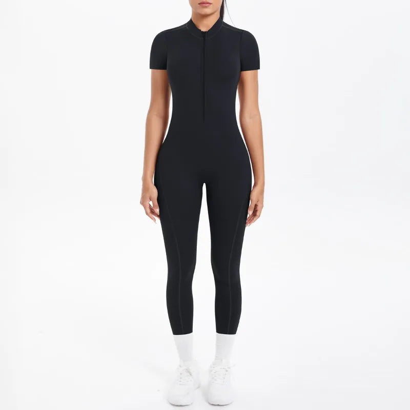 Mono deportivo de yoga sexy con cremallera frontal, espalda descubierta, manga corta, pantalones cortos, ropa deportiva para fitness, correr, gimnasio, yoga y actividades deportivas para mujer.