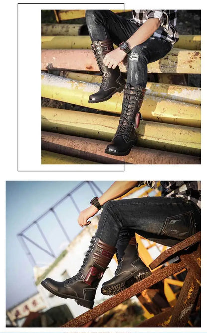 Botas altas de cuero para hombre, estilo motero, de invierno, estilo gótico punk, para hombre, estilo militar informal, para uso exterior.