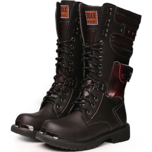 Botas altas de cuero para hombre, estilo motero, de invierno, estilo gótico punk, para hombre, estilo militar informal, para uso exterior.