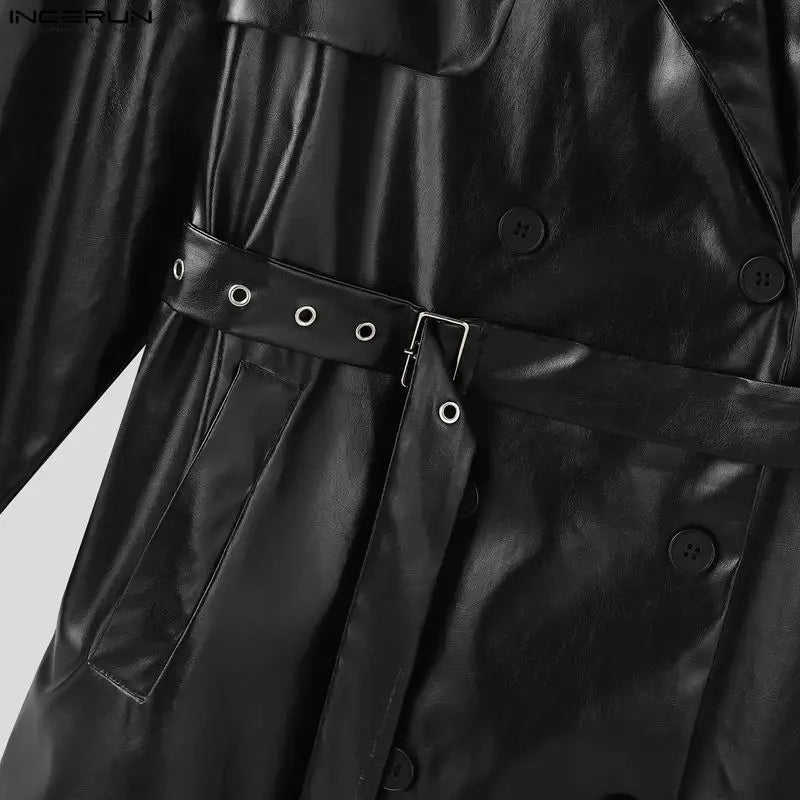 Abrigo INCERUN para hombre, de piel sintética lisa, con solapa, manga larga, estilo gabardina informal, estilo punk urbano, cortavientos.