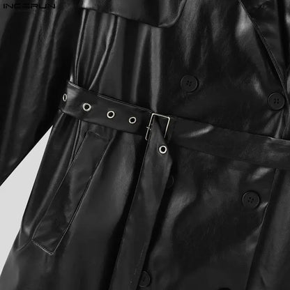 Abrigo INCERUN para hombre, de piel sintética lisa, con solapa, manga larga, estilo gabardina informal, estilo punk urbano, cortavientos.