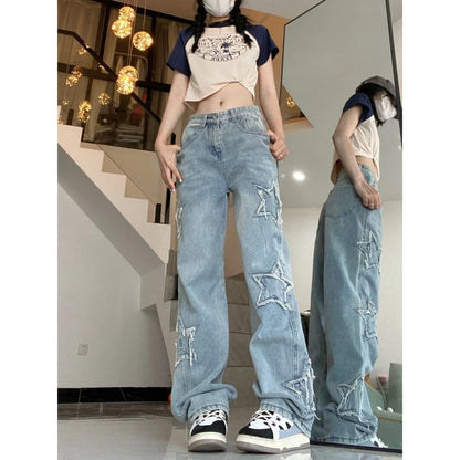 Pantalones vaqueros de calle estilo retro americano para mujer, primavera y otoño, nuevo diseño, bordados, cintura alta, finos, pierna ancha, tendencia