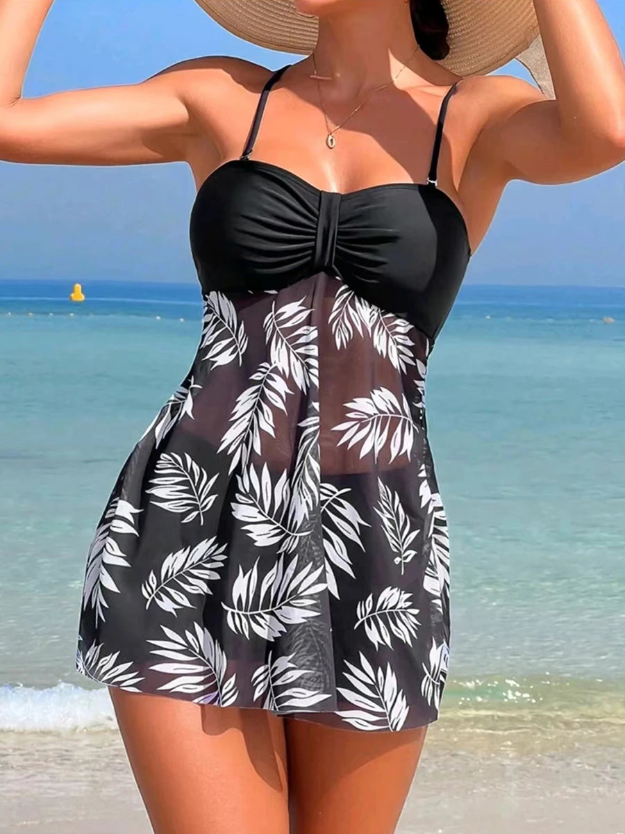 2025 Vestido corto tankini con pantalones cortos traje de baño para mujer traje de baño femenino acolchado estampado traje de baño natación ropa de playa verano