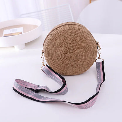Bolso redondo de paja para mujer, tejido a mano, tipo bandolera, para playa, bonito bolso de mano pequeño de ratán tejido a mano, de color caramelo