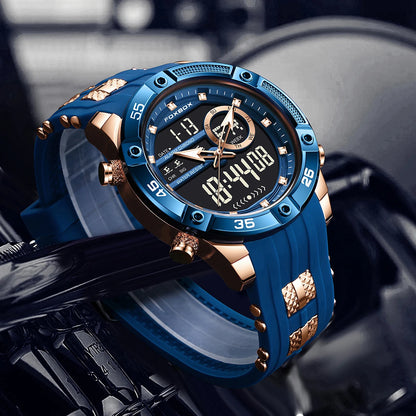 Reloj de pulsera de cuarzo de lujo FOXBOX para hombre, deportivo, impermeable, con doble pantalla, LED digital militar, de acero, para negocios + caja.