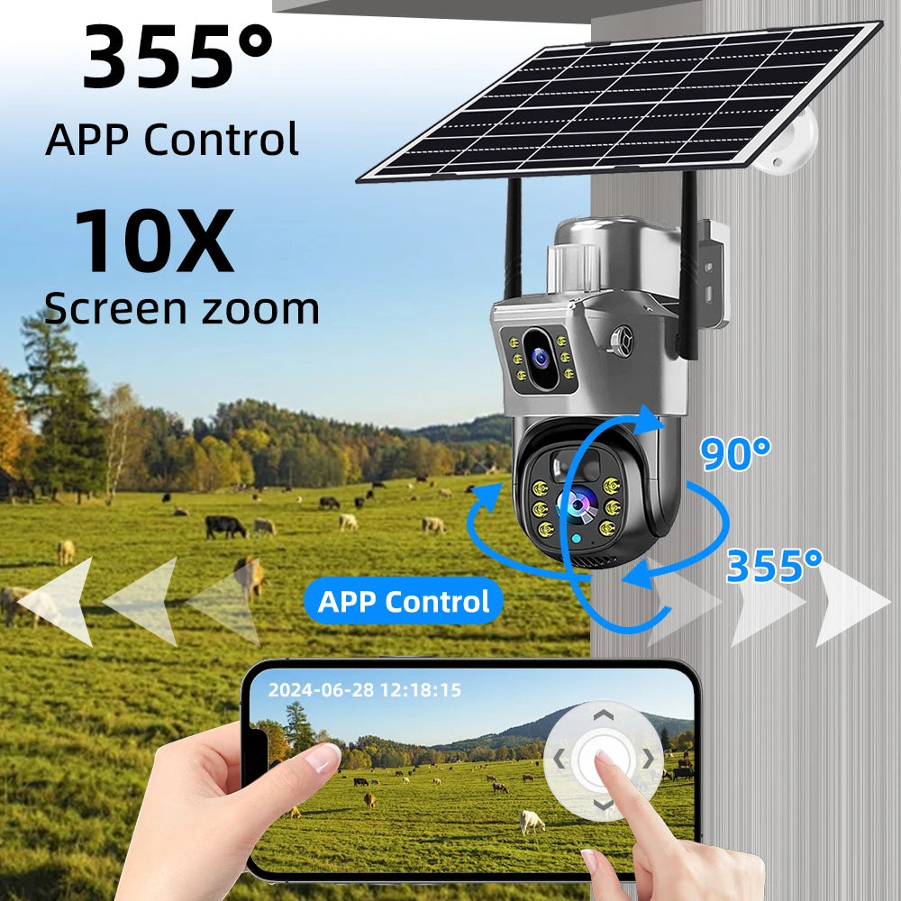 Cámara de seguridad CCTV V380 Pro 4K 8MP con 2 lentes, WiFi 4G, energía solar, visión nocturna PIR para exteriores, IP66, batería de bajo consumo.