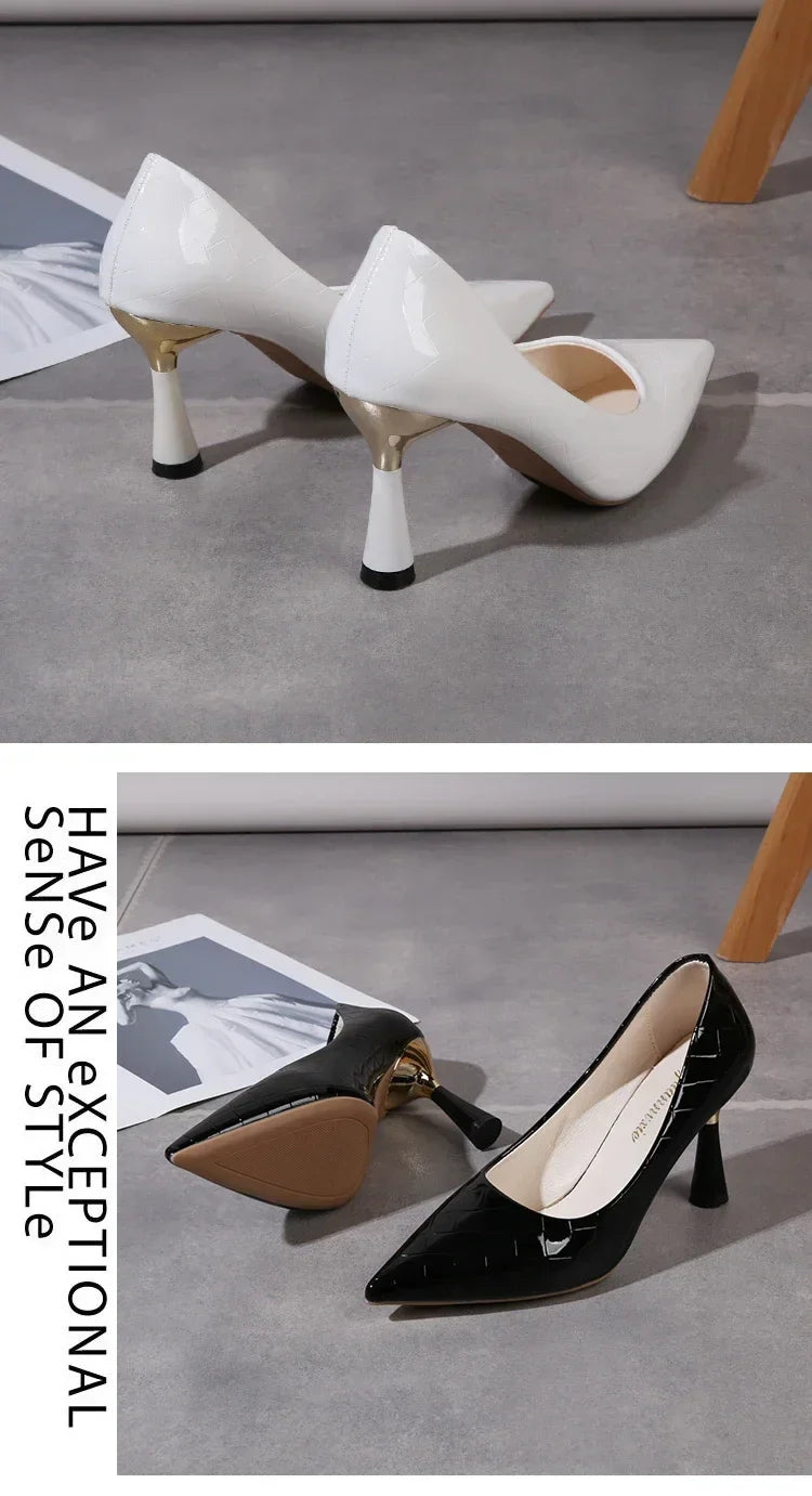 Zapatos Mujer 2024 Tendencia Nuevo Verano Tacones Rojos Elegante Mujer Tacón Negro Punta Puntiaguda Zapatos de Vestir Cuero Blanco Zapatos de Dama
