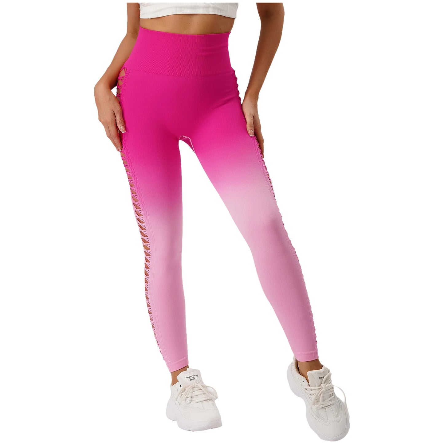 Womens Hip Tight Yoga Pants High Waist Side Hollowed-Out Mesh Design Exercise Yoga Leggings Running Gym Fitness