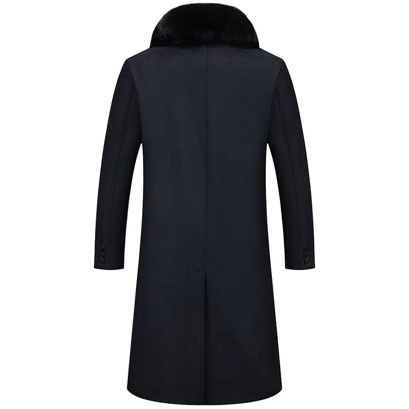 Abrigos de lana con cuello de piel para hombre, estilo informal de negocios, chaquetas extralargas de cachemir, gabardinas de invierno, forro polar de alta calidad para hombre, mezcla de lana cálida